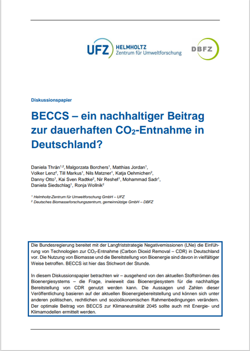 Deckblatt BECCS Diskussionspapier, Autorinnen Daniela Thr&auml;n et al.